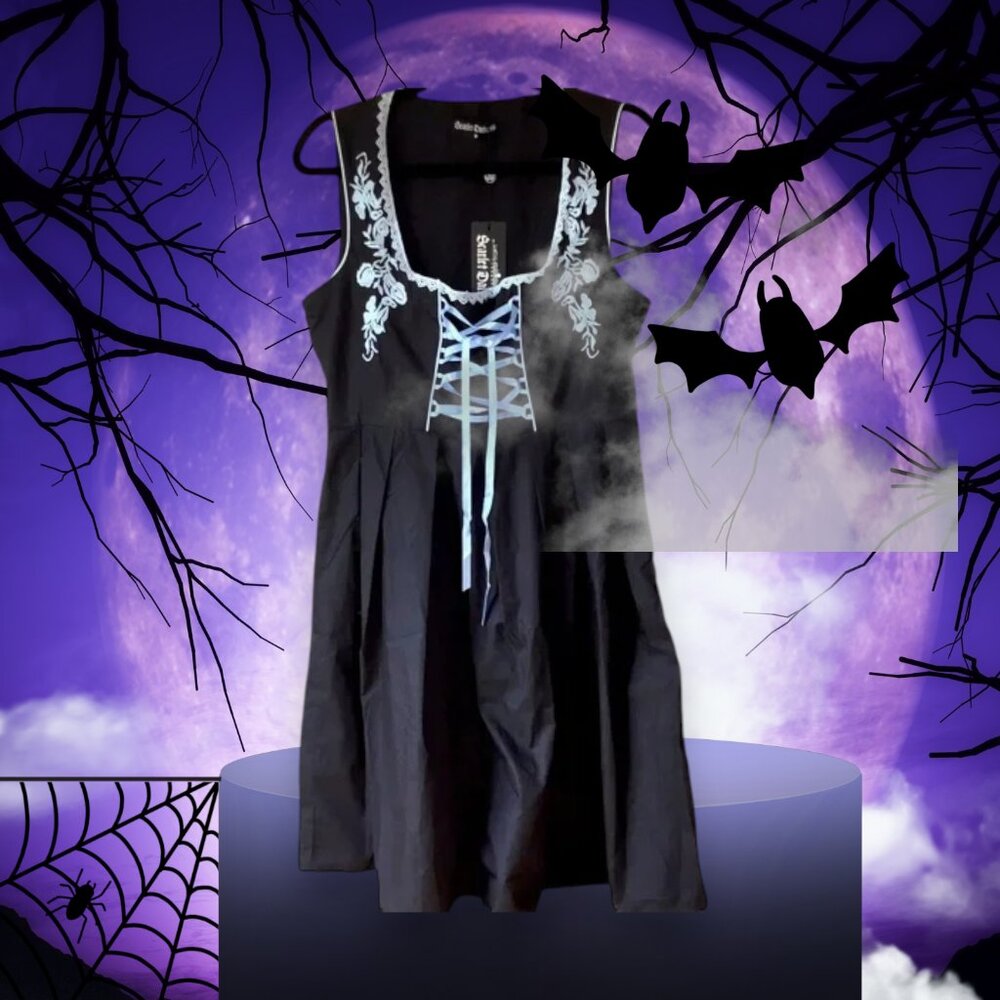 Elegant Black Dress with Blue Embroidery